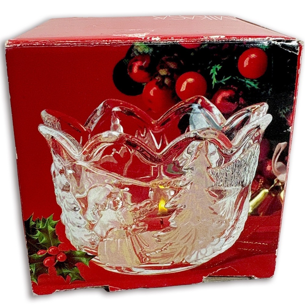 Mikasa Tea Light Christmas Candle Holder Etched Glass W/ Box Candle 3.25"